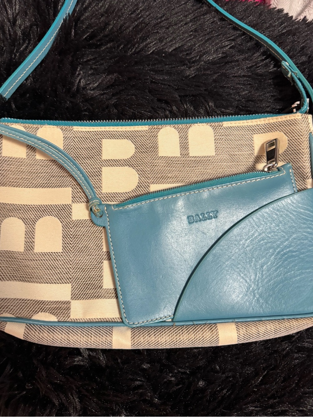 Bally Turquoise and Beige Logo Canvas Shoulder Bag